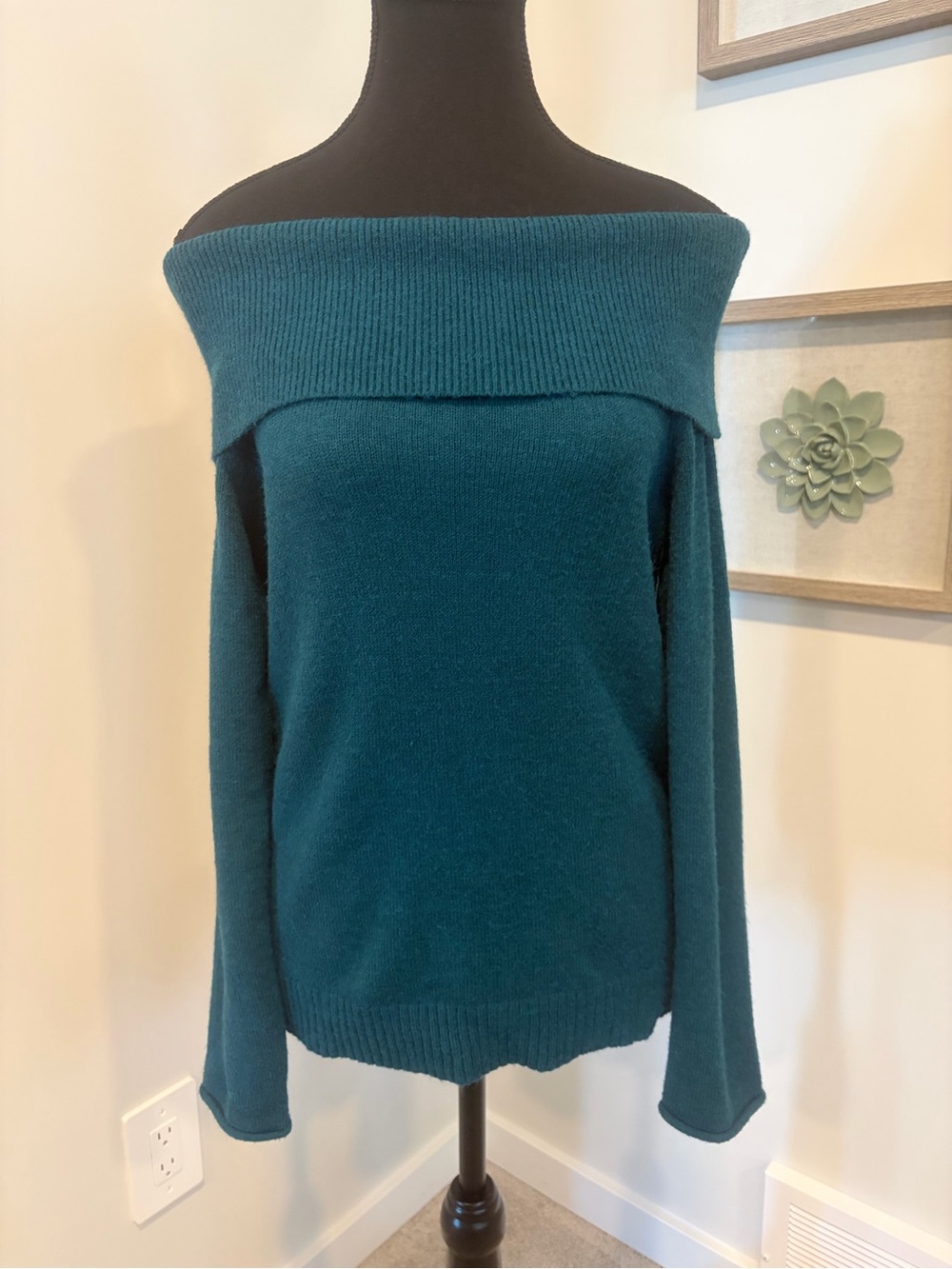 Anthropologie Teal Off-the-Shoulder Fold-Over Sweater VGUC